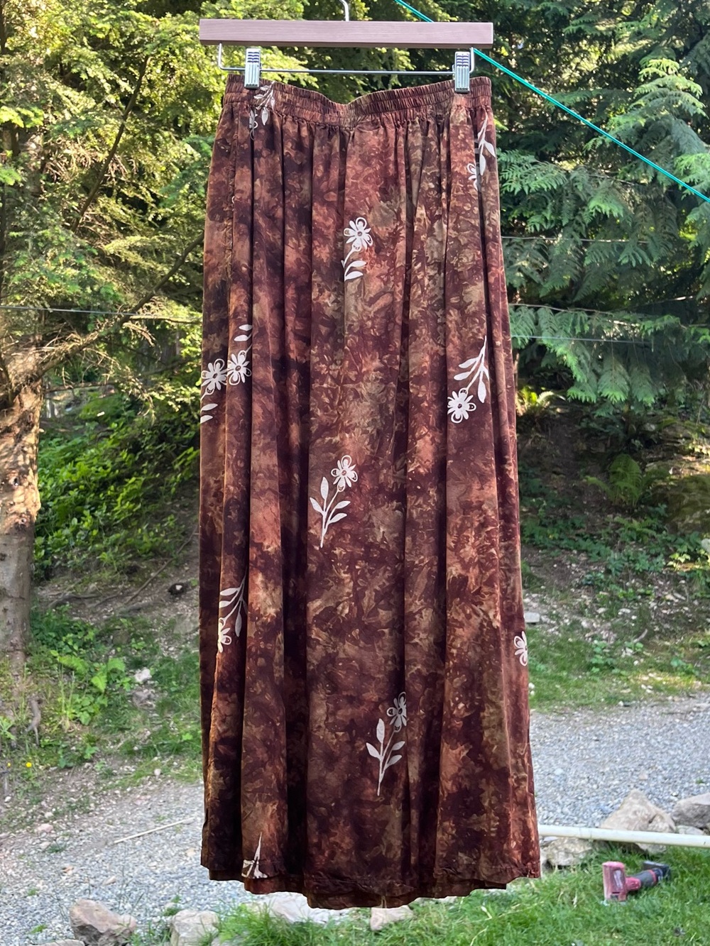 Vintage Brown Floral Maxi Skirt with White Floral Motif